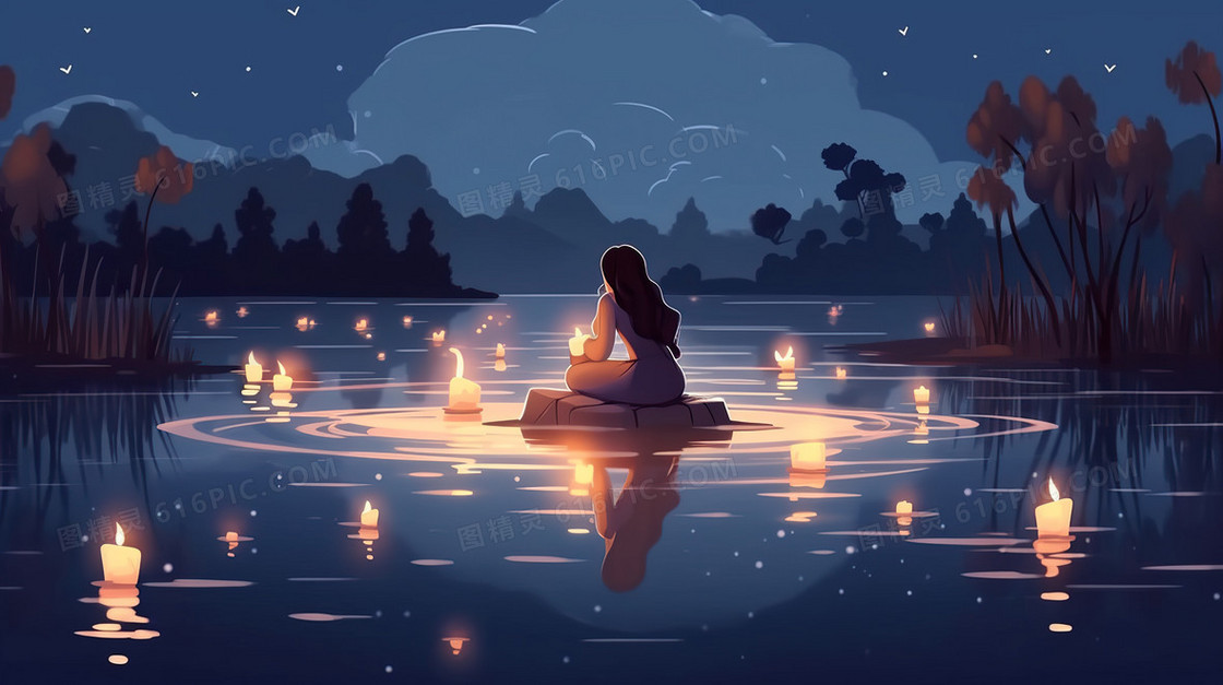 女孩河边祈福祷告蜡烛孔明灯插画
