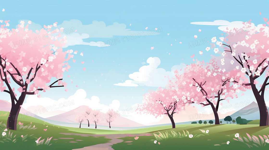 春天唯美樱花植物花朵梦幻插画