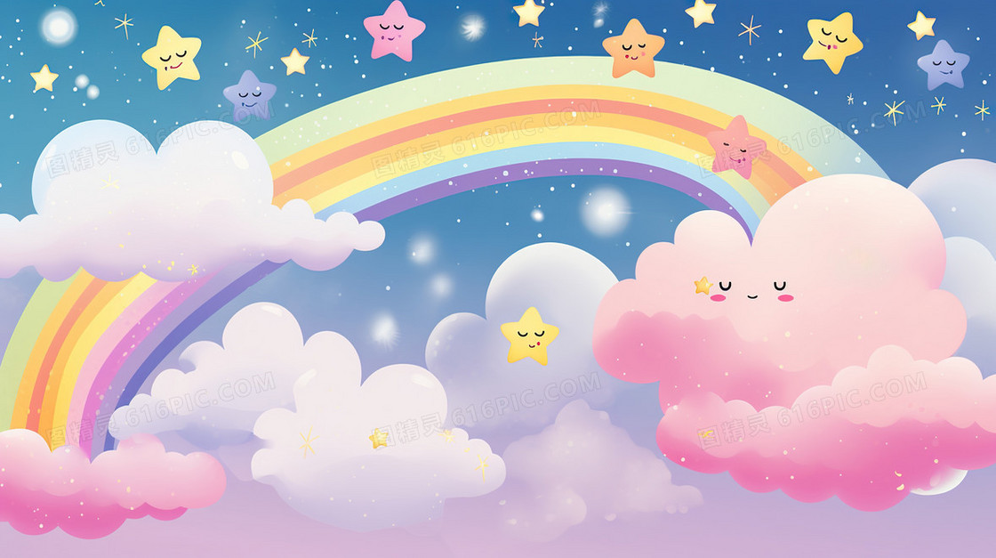 六一儿童节彩虹云朵星空梦幻插画