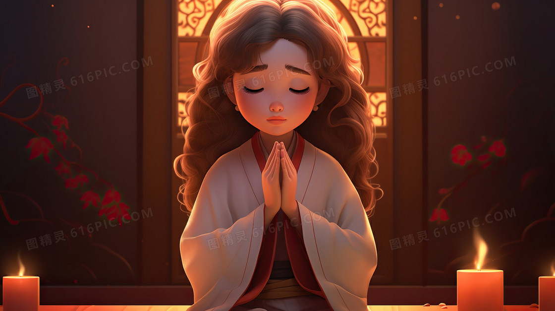 女孩蜡烛祈福祷告平安插画