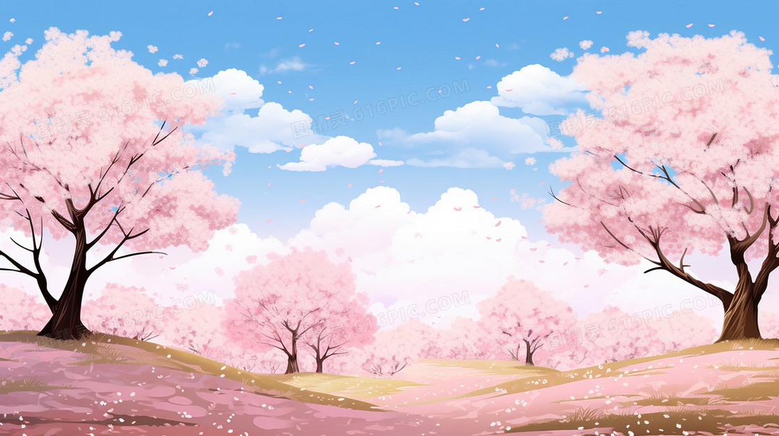 春天唯美梦幻樱花植物花朵梦幻插画