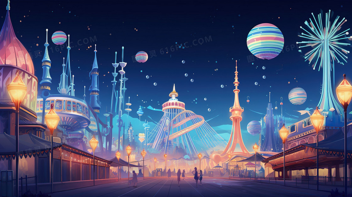 六一儿童节游乐场梦幻游戏唯美插画