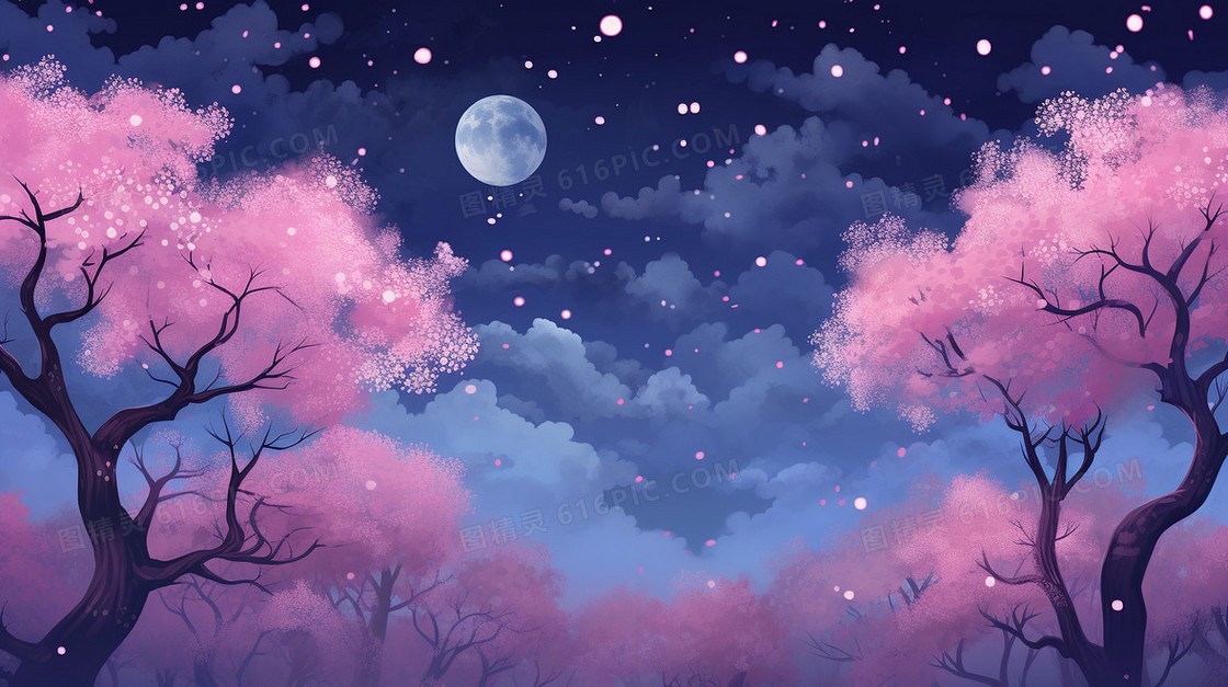 春天唯美樱花植物花朵梦幻插画