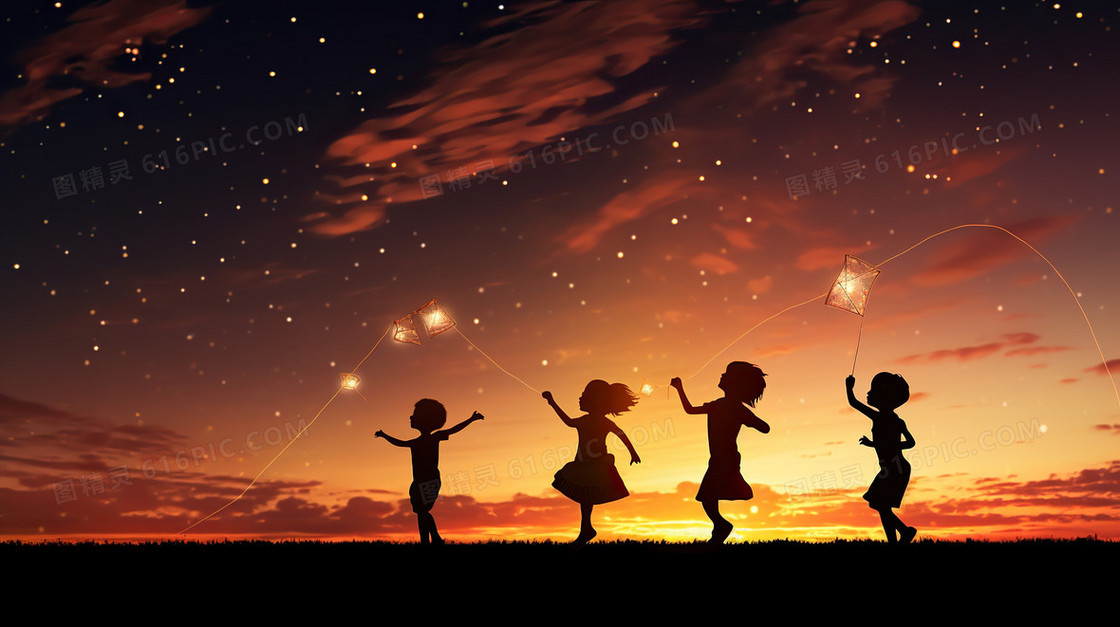 六一儿童节儿童放风筝剪影插画