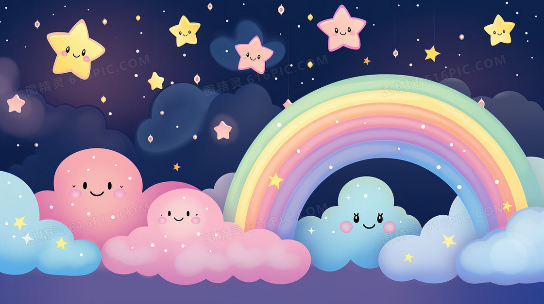 六一儿童节彩虹云朵星空梦幻插画