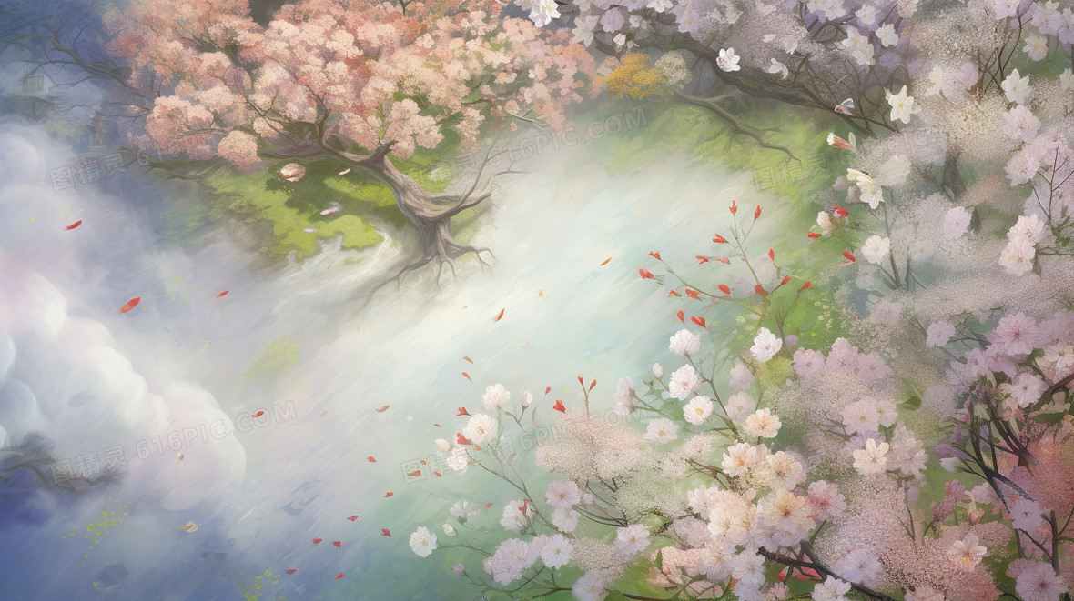 春天唯美梦幻樱花植物花朵梦幻插画背景图片下载_2912x1632像素JPG格式_编号138fe4773_图精灵