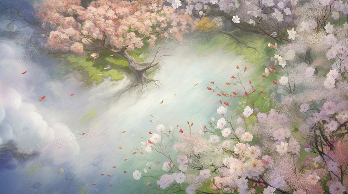 春天唯美樱花植物花朵梦幻插画