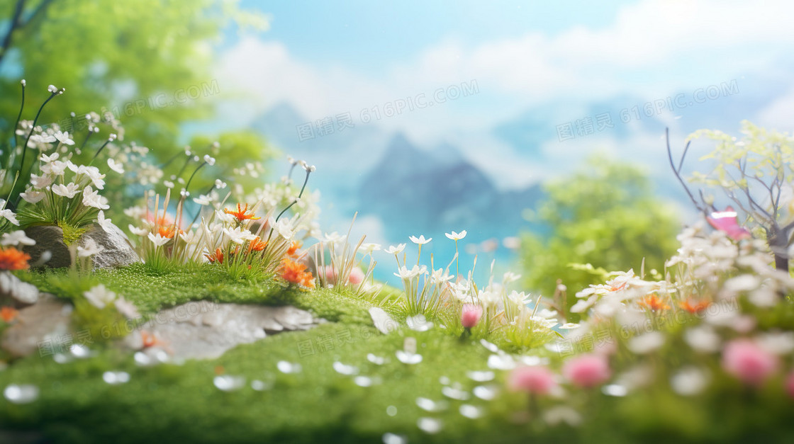 春天唯美风景花朵草地景色插画