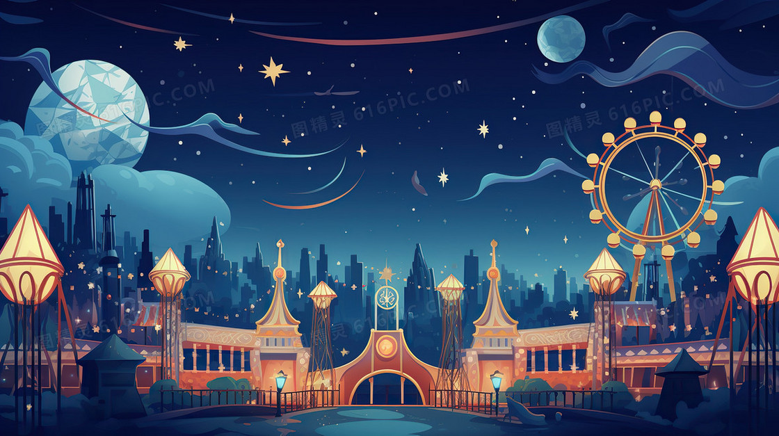 六一儿童节游乐场梦幻游戏唯美插画