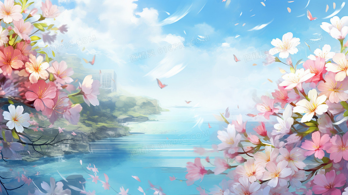 春天唯美风景花朵草地景色插画