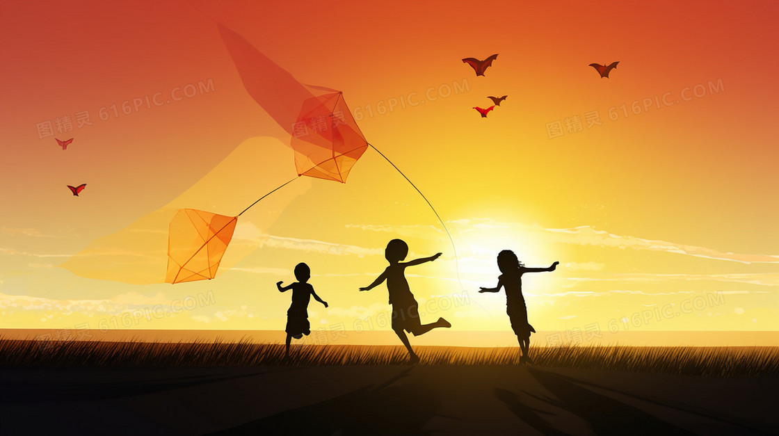 六一儿童节儿童放风筝剪影插画