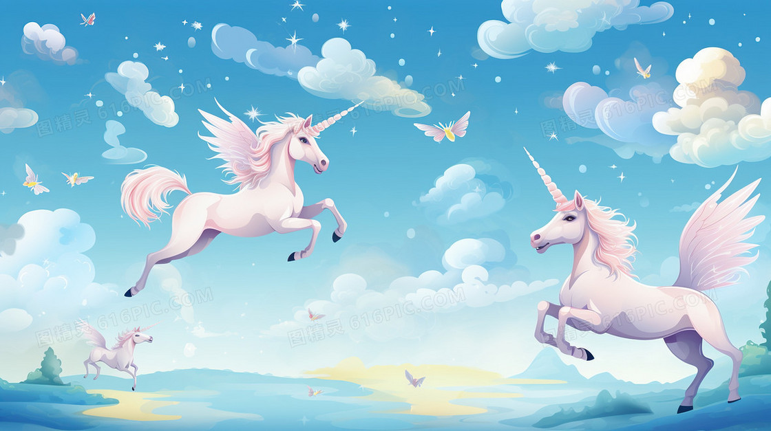 六一儿童节梦幻独角兽唯美插画