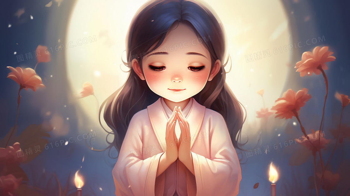 女孩蜡烛祈福祷告平安插画