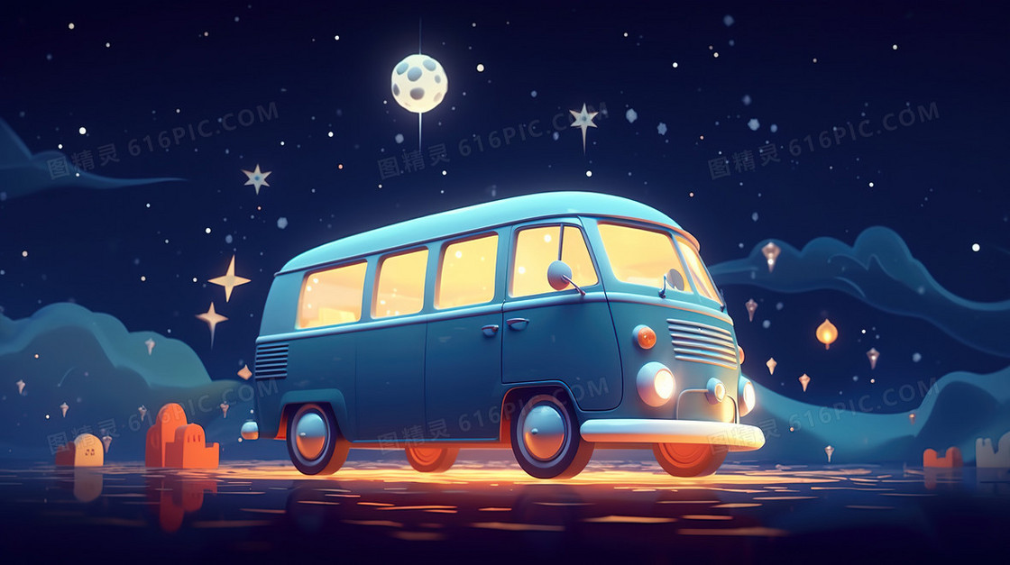 夜晚一辆梦幻小汽车唯美插画