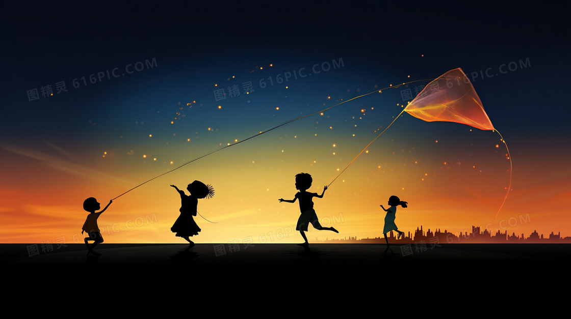 六一儿童节儿童放风筝剪影插画
