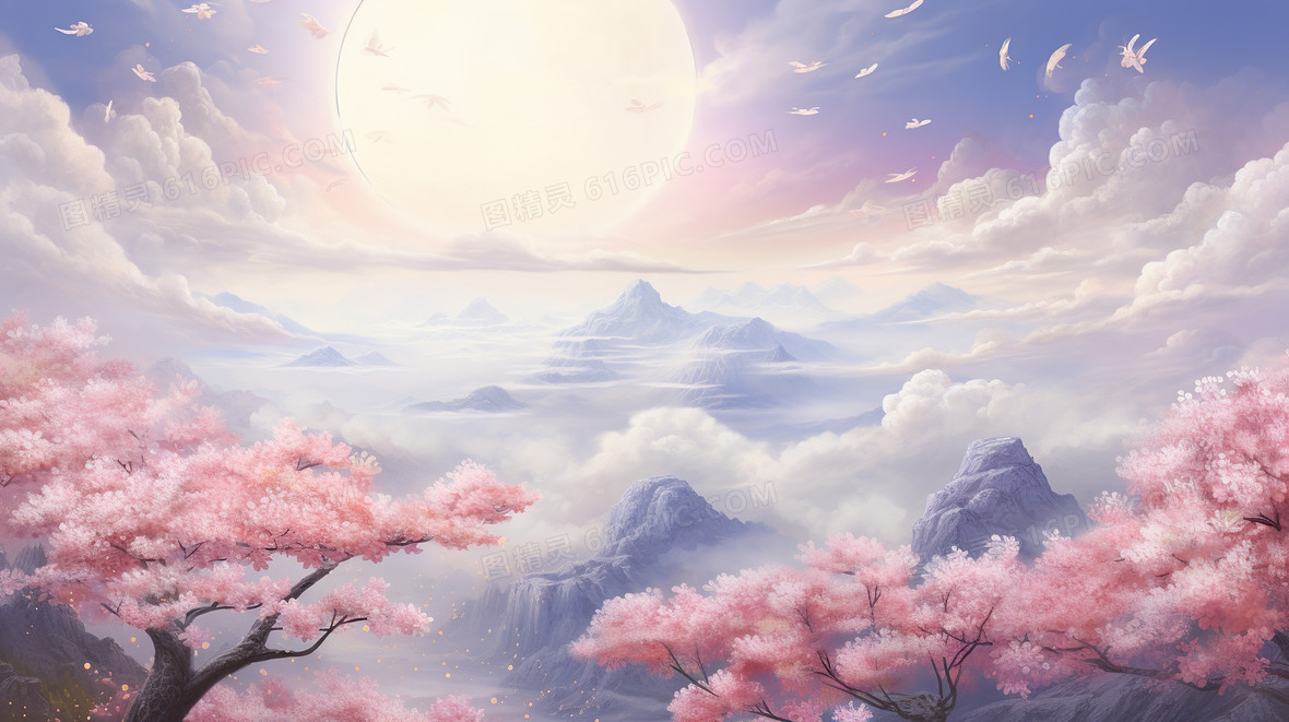 春天中国风山水仙境樱花插画背景图片下载_2912x1632像素JPG格式_编号z26fj2rdd_图精灵