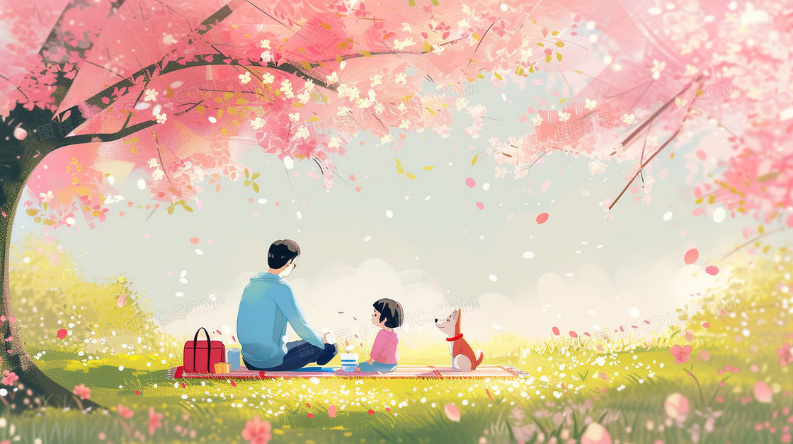 春天樱花树盛开的草地上野餐的一家人插画