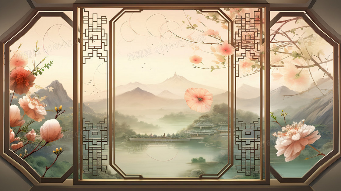 春天中国风山水窗户古建筑大气樱花插画