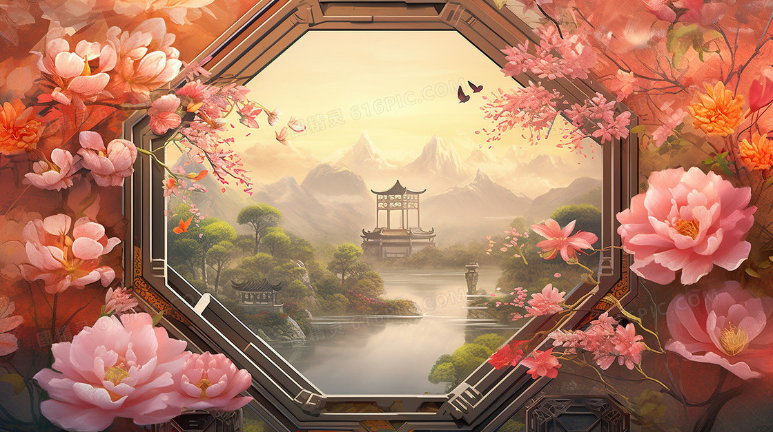 春天窗户古建筑中国风山水节气樱花插画