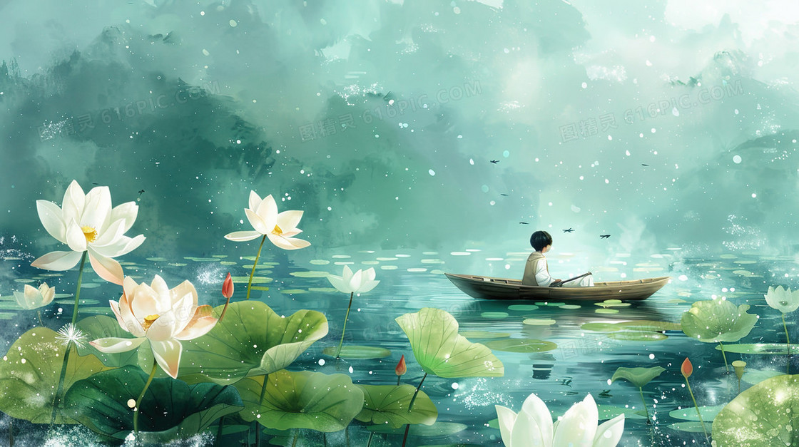 荷花盛开的荷塘里一个人撑着小舟观光插画