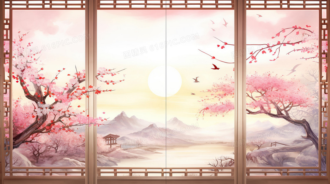 春天中国风山水窗户中式古建筑樱花插画