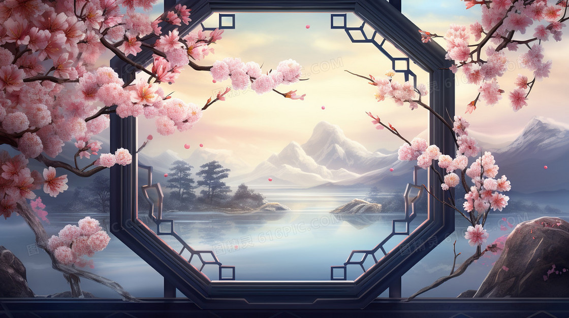 春天中国风山水节气樱花窗户古建筑插画