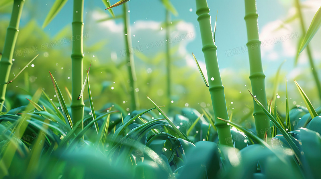 竹林青青草地仰望蓝天白云插画