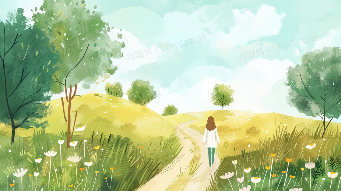 夏日山林郊野小路上徒步的女生插画