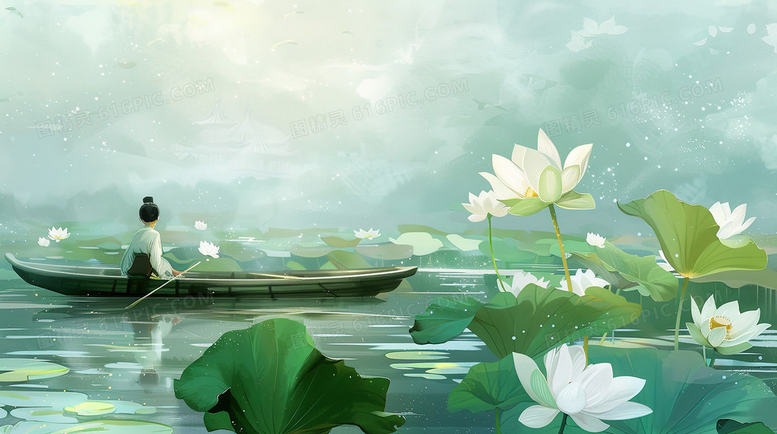 荷花盛开的荷塘里一个人撑着小舟观光插画
