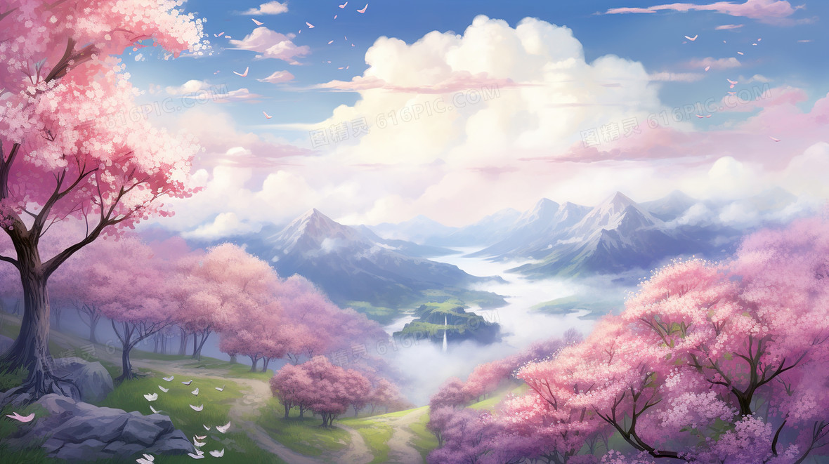春天中国风山水梦幻樱花插画背景图片下载_2912x1632像素JPG格式_编号1kjf5g6wd_图精灵