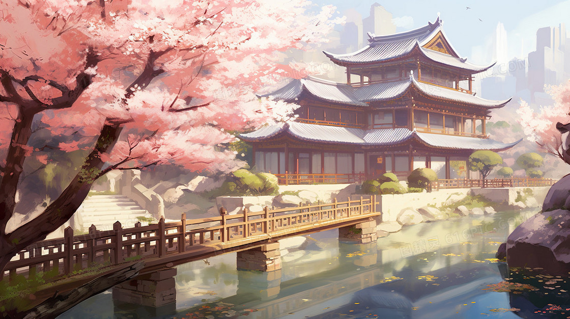 春天中国风山水樱花古建筑插画