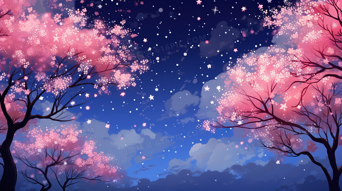 春天唯美樱花植物花朵梦幻插画