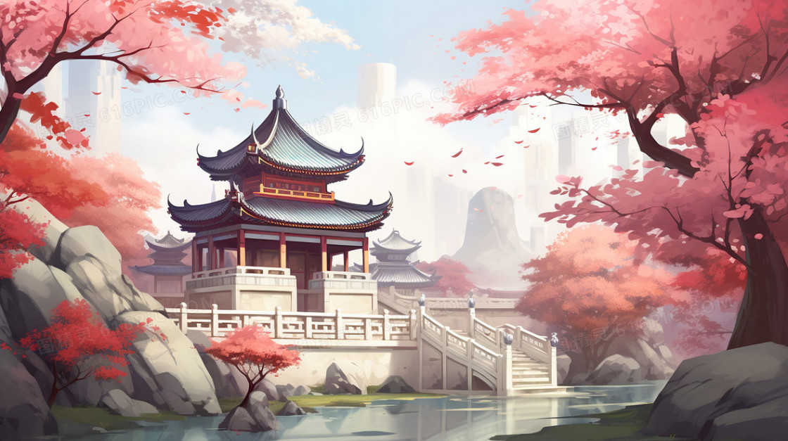 春天古建筑中国风山水樱花插画背景图片下载_2912x1632像素JPG格式_编号vo8fxr7w6_图精灵