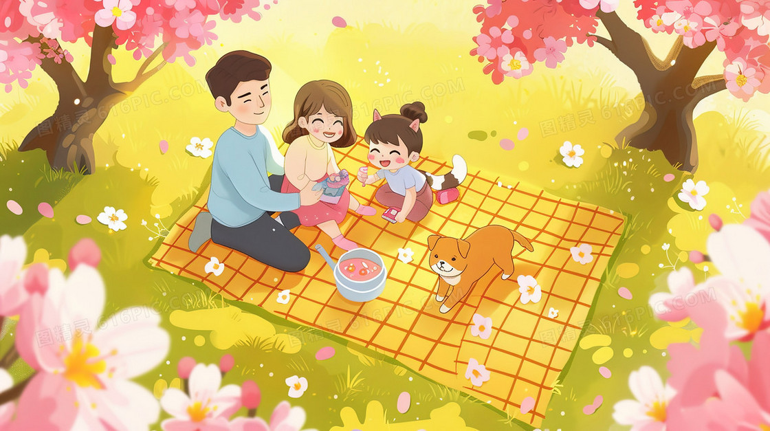 春天樱花树盛开的草地上野餐的一家人插画