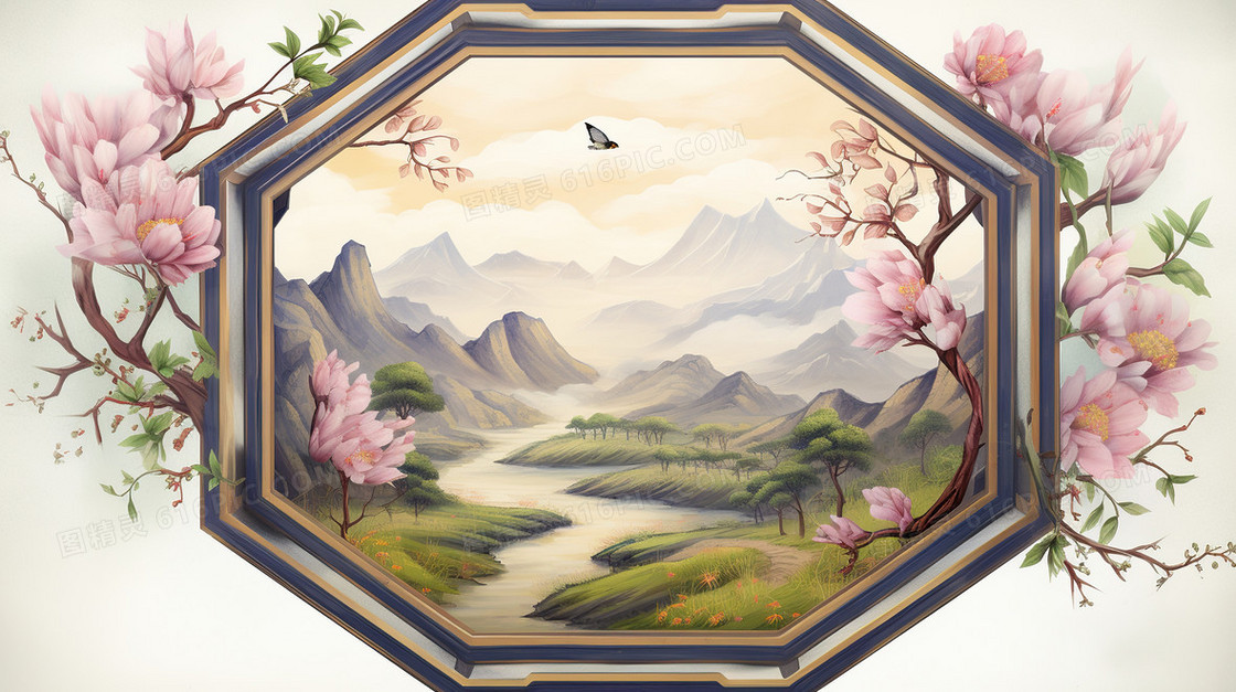 春天唯美中国风山水窗户古建筑樱花插画