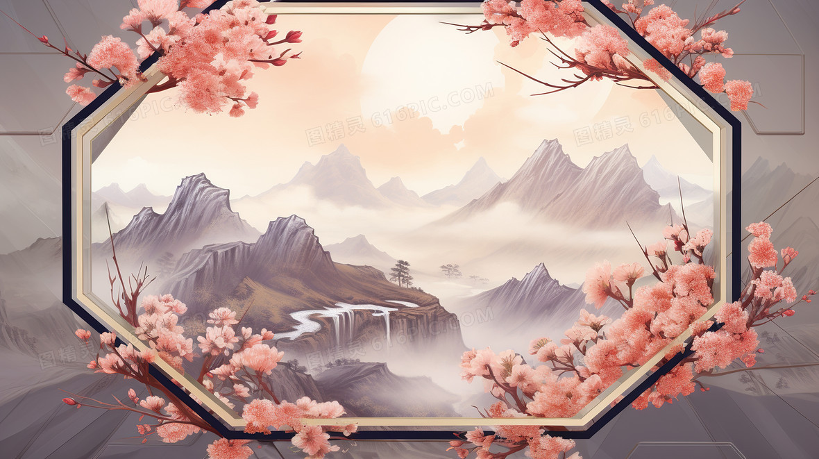 春天古建筑中国风山水樱花插画背景图片下载_2912x1632像素JPG格式_编号vo8fxr7w6_图精灵