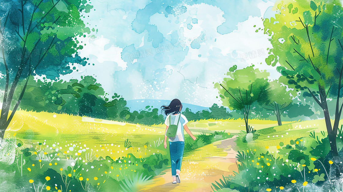 夏日山林郊野小路上徒步的女生插画