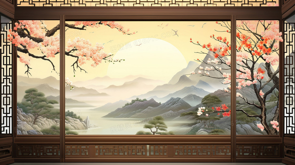 春天中国风山水窗户古建筑中式樱花插画