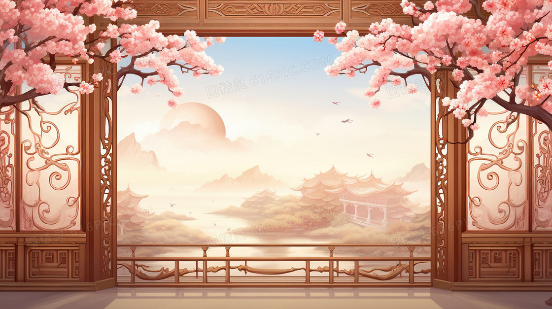 春天中国风山水窗户古风古建筑樱花插画