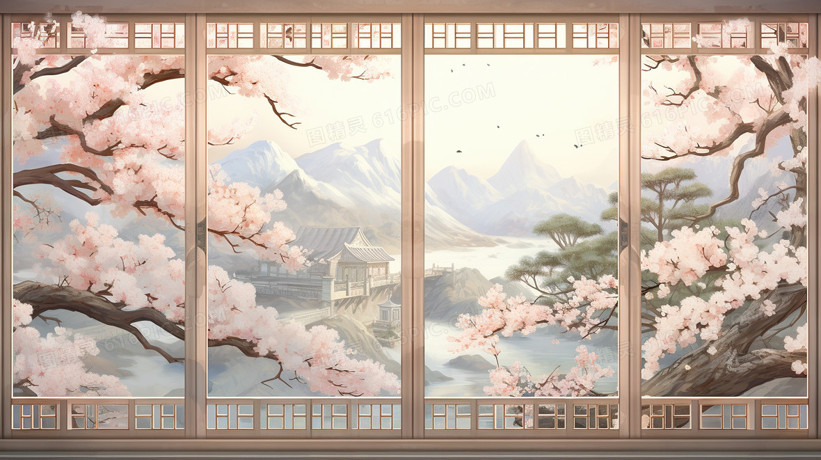 春天古建筑中国风山水樱花插画背景图片下载_2912x1632像素JPG格式_编号vo8fxr7w6_图精灵