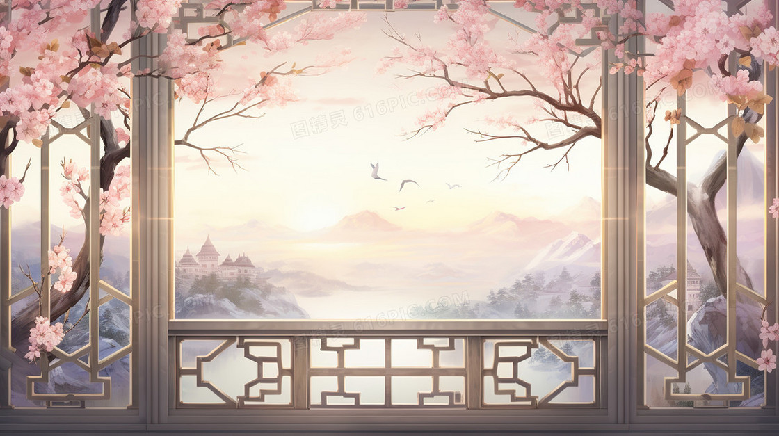 春天中国风山水古风窗户古建筑樱花插画
