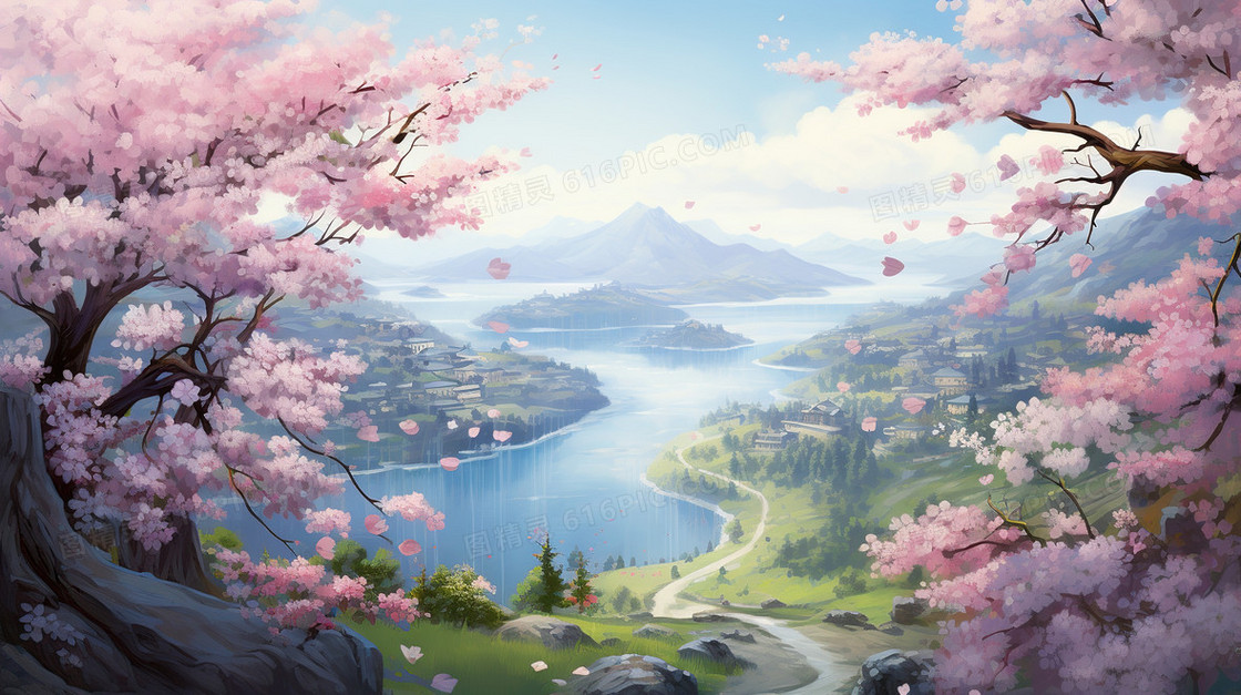 春天中国风山水樱花插画