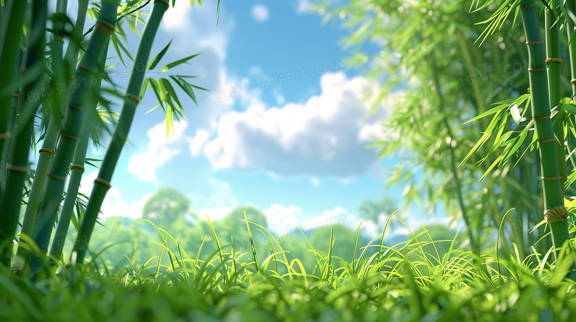 竹林青青草地仰望蓝天白云插画