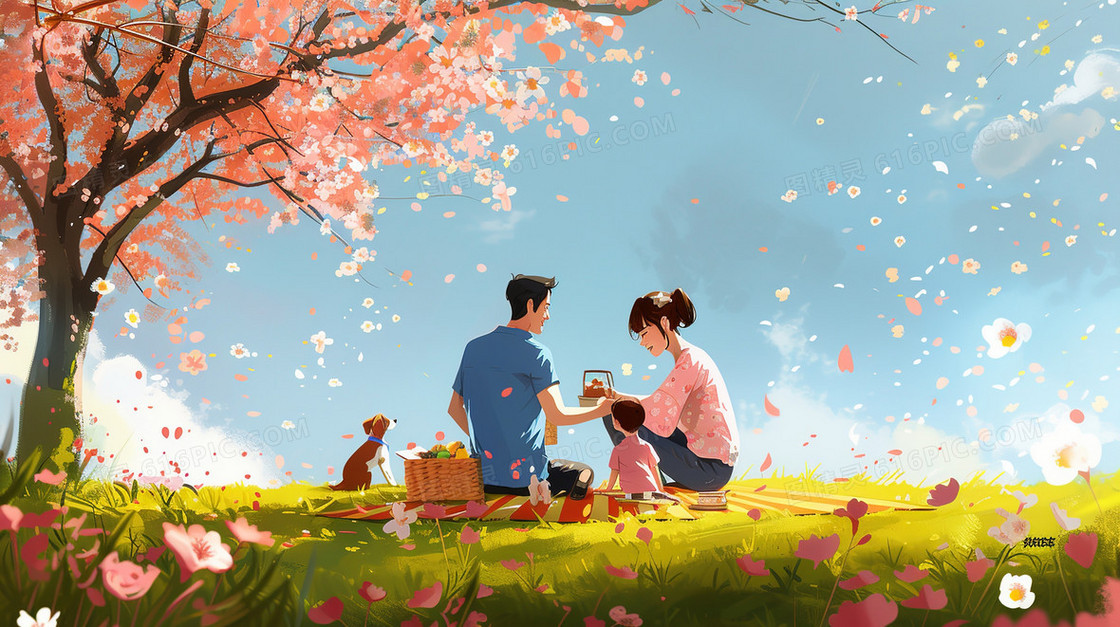 春天樱花树盛开的草地上野餐的一家人插画