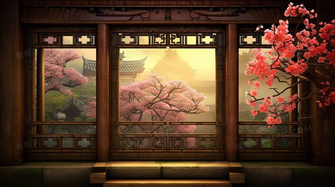 春天中国风山水窗户古建筑国风樱花插画
