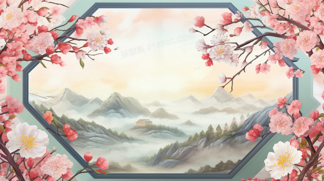 春天中国风山水窗户古建筑唯美樱花插画
