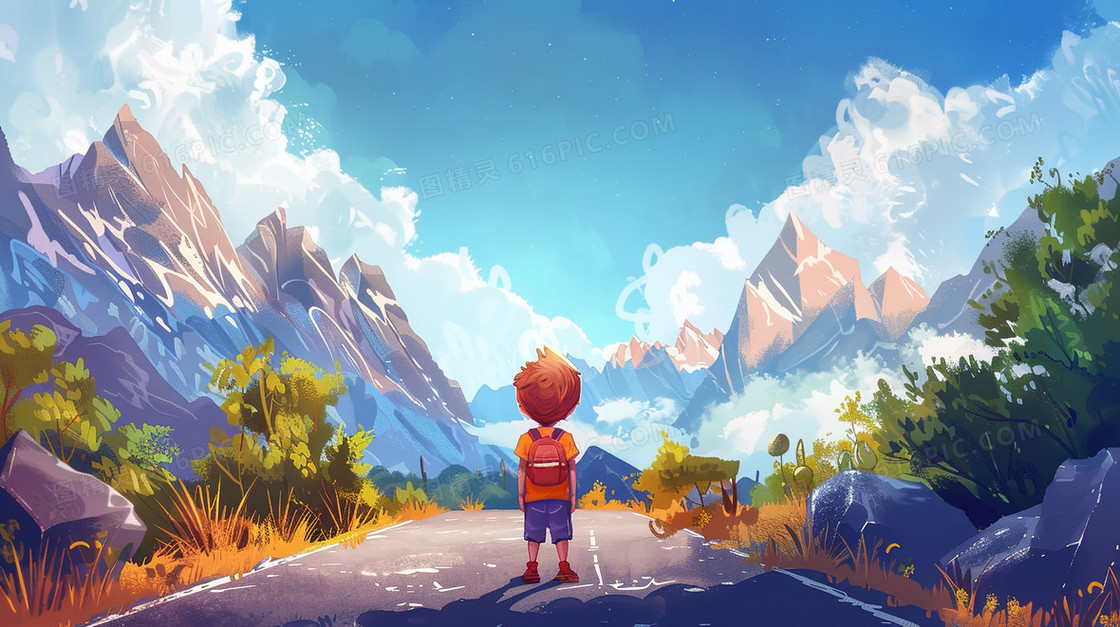 郊野高速公路上站着的小男孩背影插画