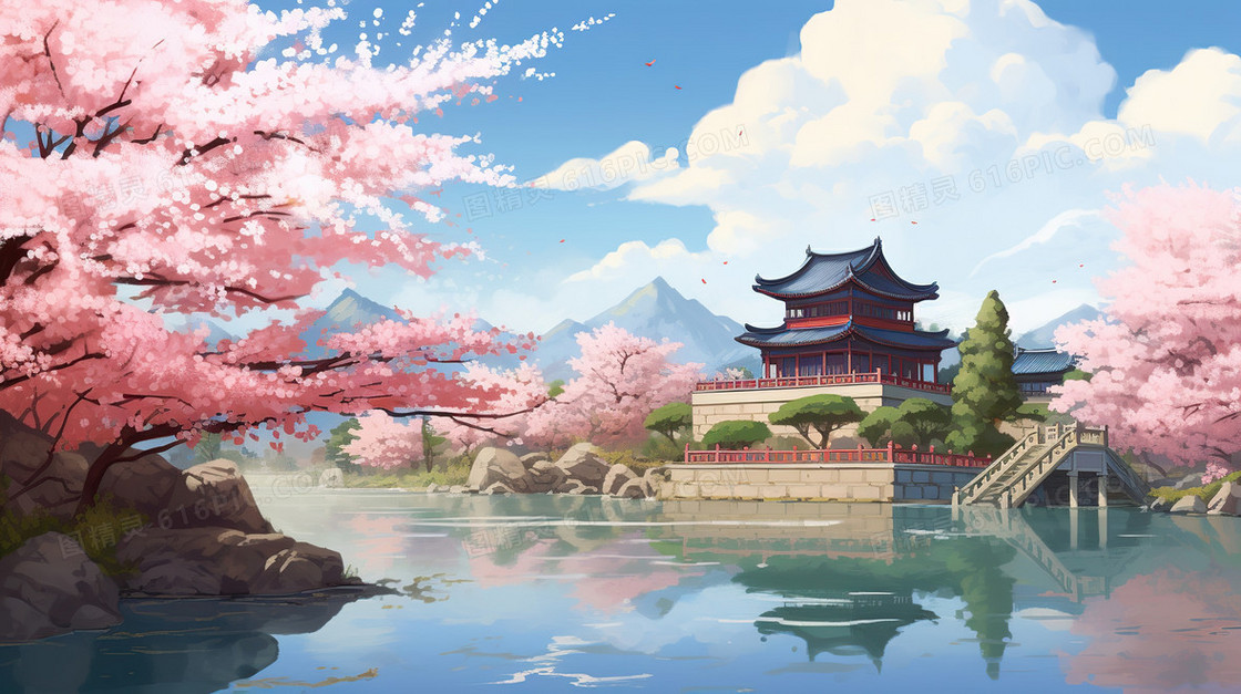 春天中国风山水古风古建筑樱花插画