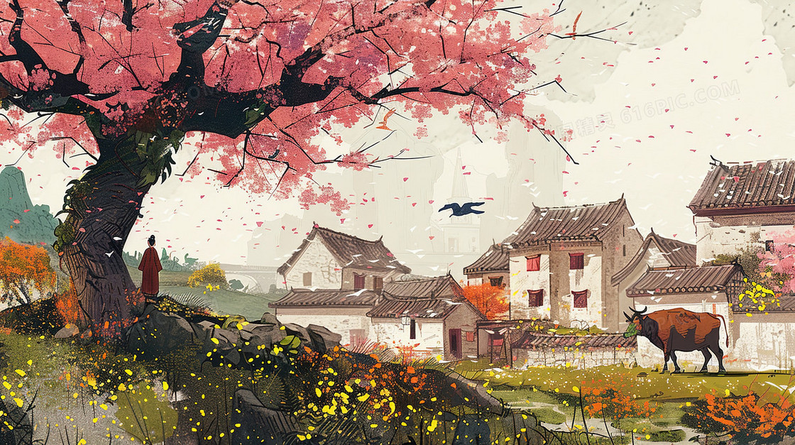 小乡村山坡上盛开的樱花树插画