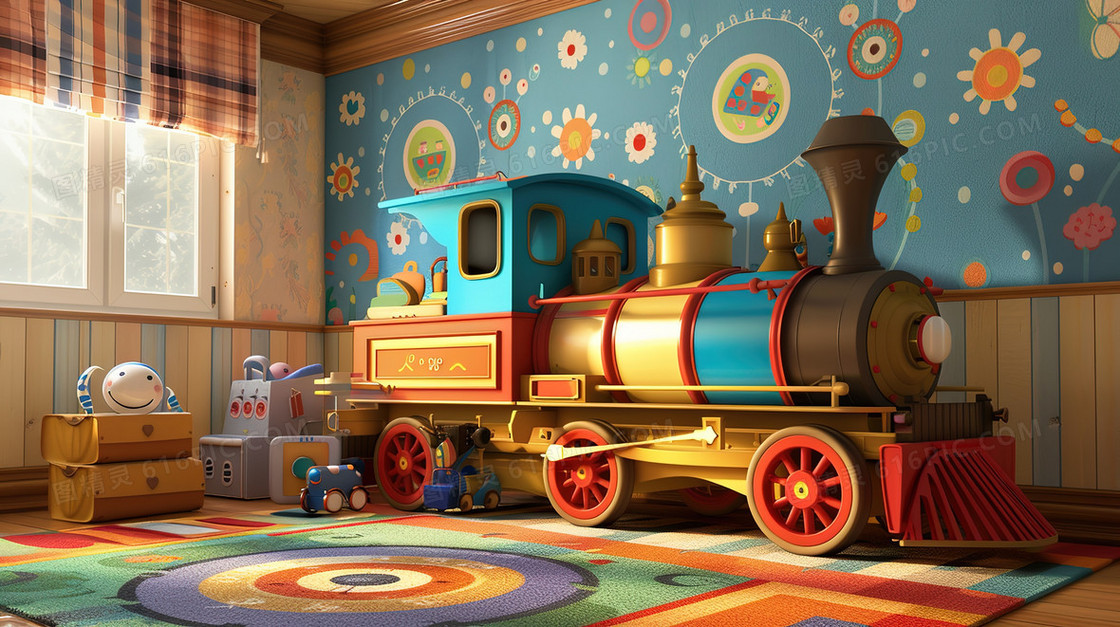 儿童房间里的火车模型玩具插画
